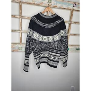 Vintage Sweater Black/cream/Gray Oversized Sweater with leather Size Medium